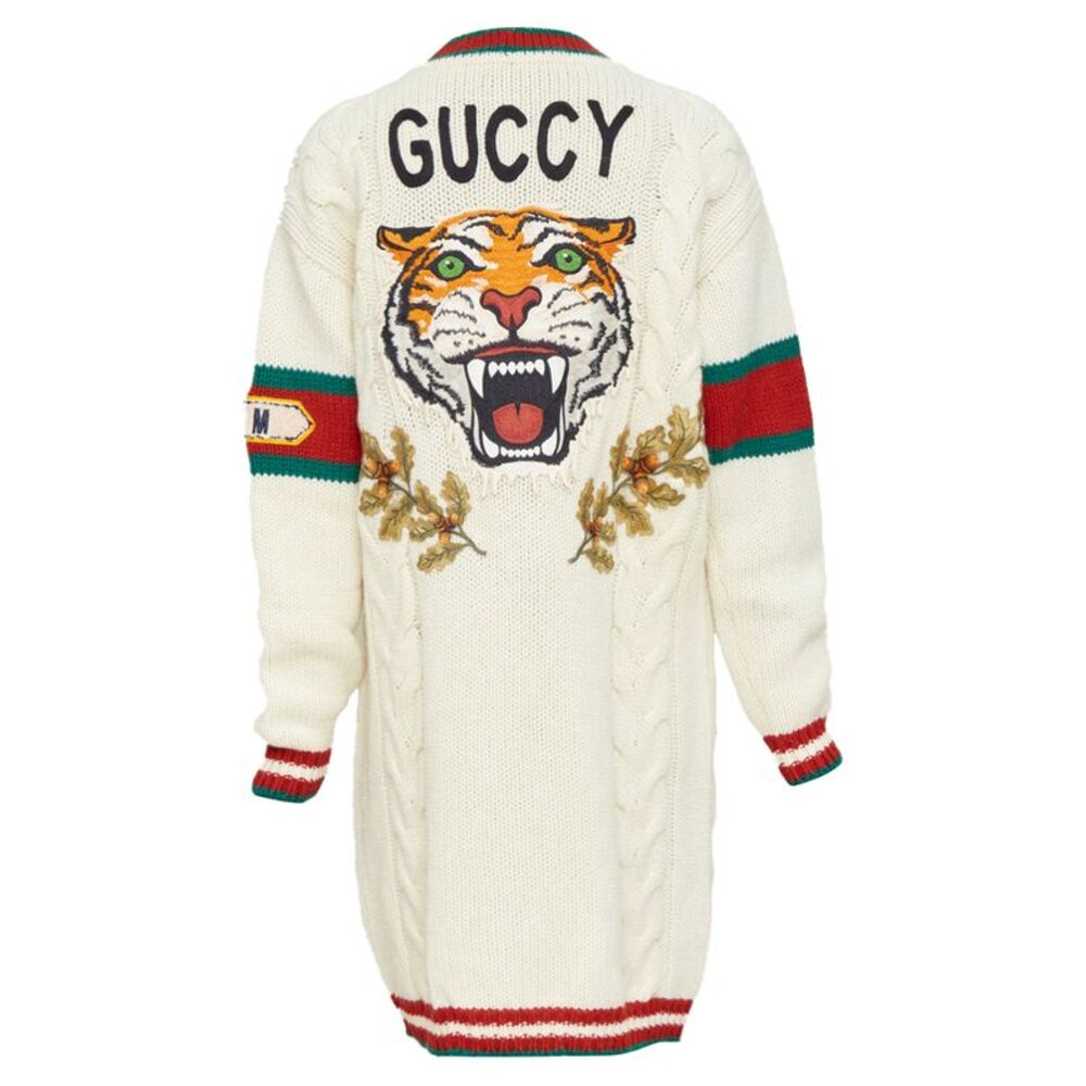 GUCCI 2018 cream wool A badge varsity long cardigan XXS Jennifer Lopez